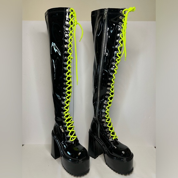 Dolls Kill Black and Neon Green Laces Zip Up Over the Knee Platform Heeled Boots - Picture 1 of 11